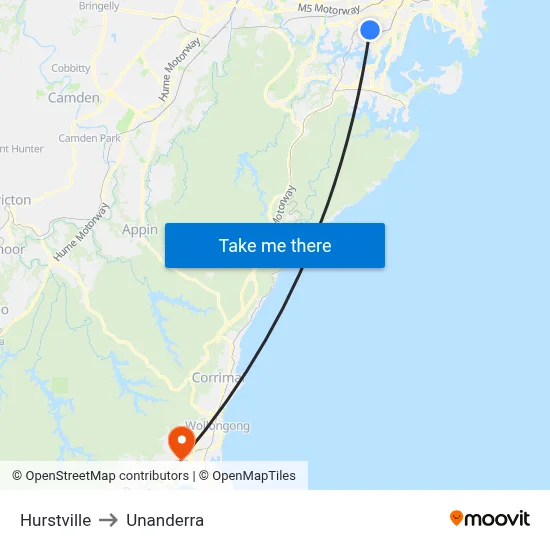 Hurstville to Unanderra map