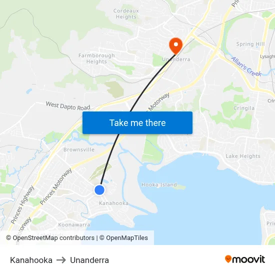 Kanahooka to Unanderra map