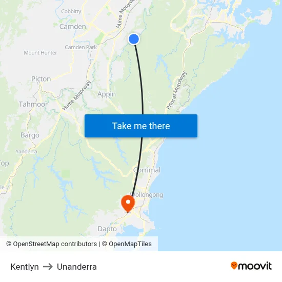 Kentlyn to Unanderra map