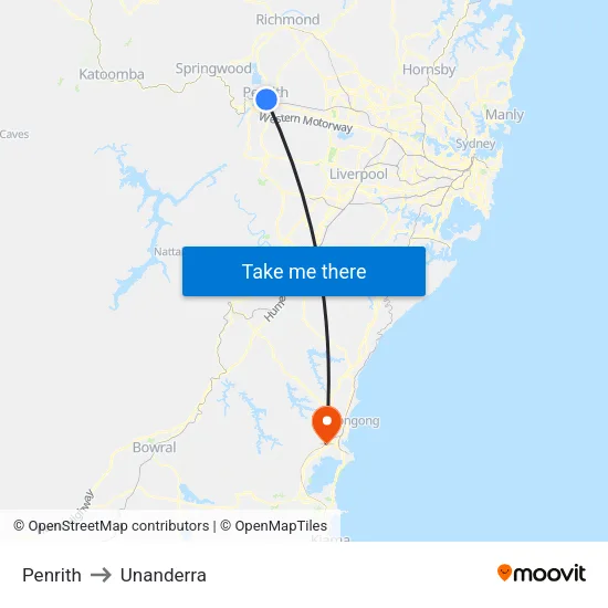 Penrith to Unanderra map