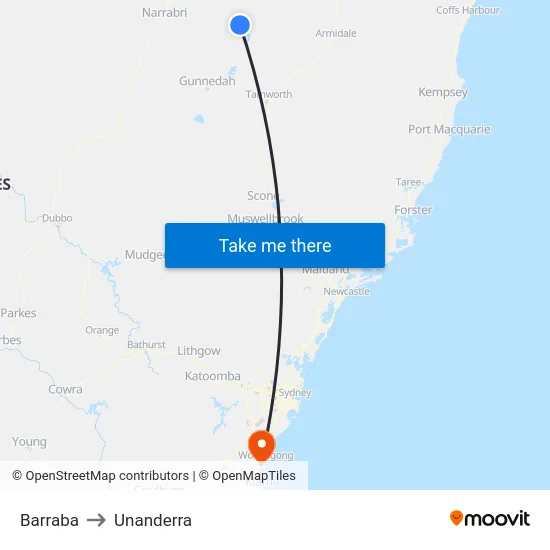 Barraba to Unanderra map