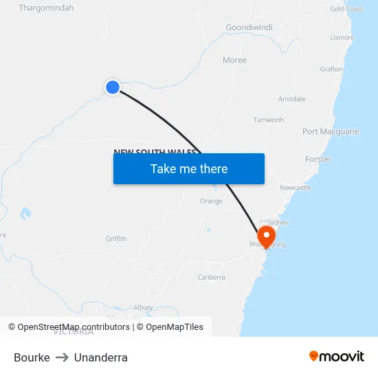 Bourke to Unanderra map