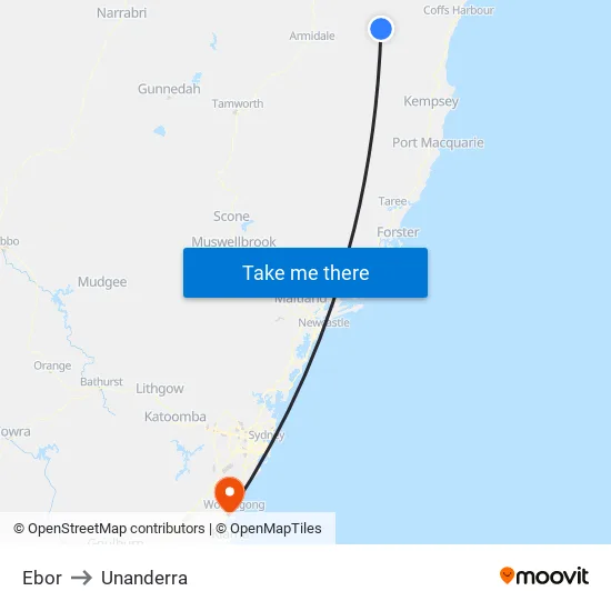 Ebor to Unanderra map