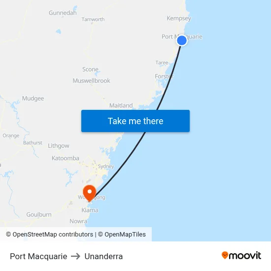 Port Macquarie to Unanderra map