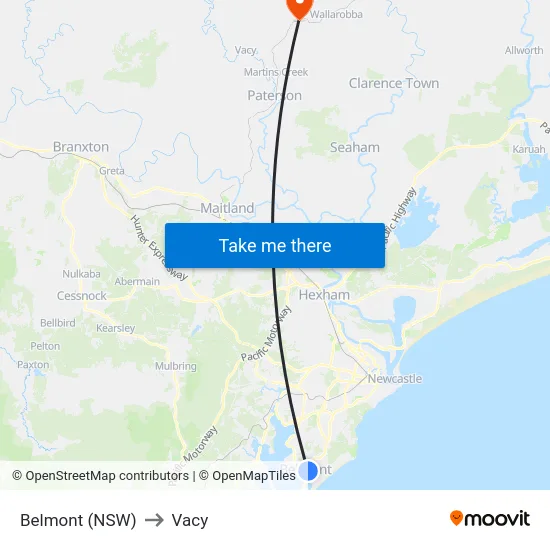 Belmont (NSW) to Vacy map