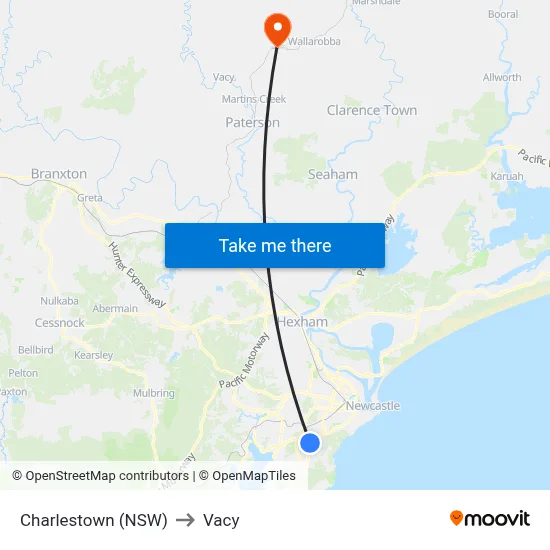 Charlestown (NSW) to Vacy map