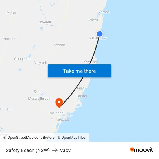 Safety Beach (NSW) to Vacy map