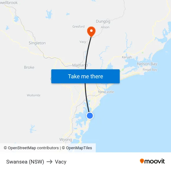 Swansea (NSW) to Vacy map