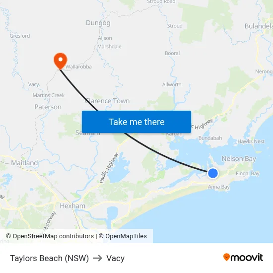 Taylors Beach (NSW) to Vacy map
