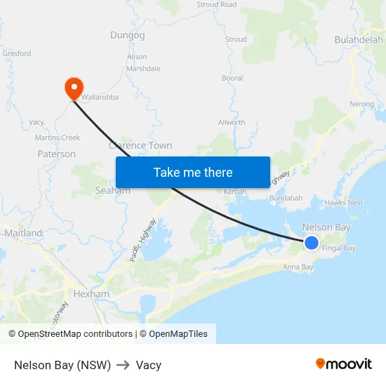 Nelson Bay (NSW) to Vacy map