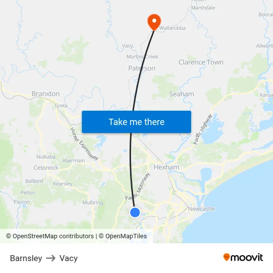 Barnsley to Vacy map