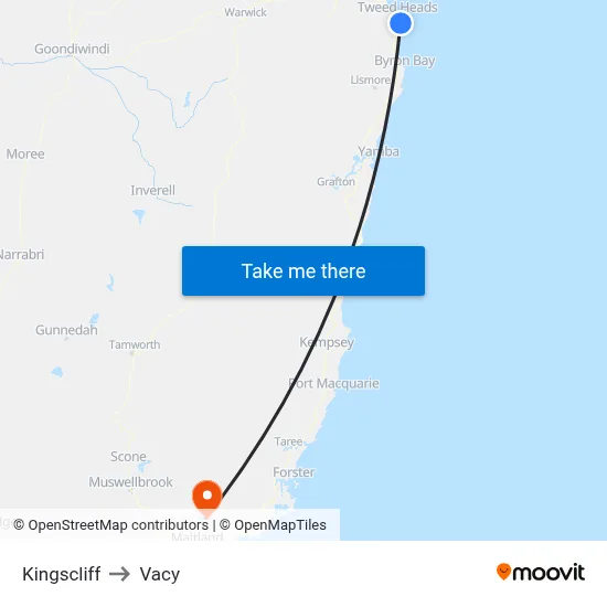 Kingscliff to Vacy map