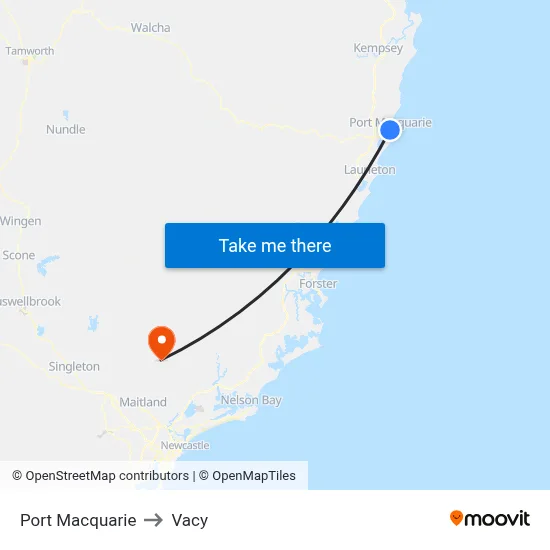 Port Macquarie to Vacy map