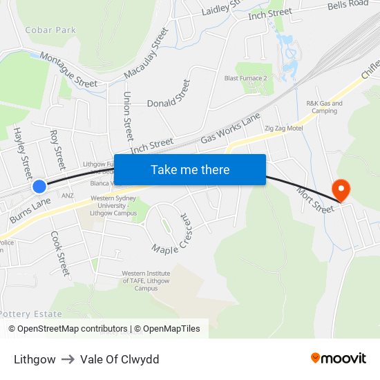 Lithgow to Vale Of Clwydd map