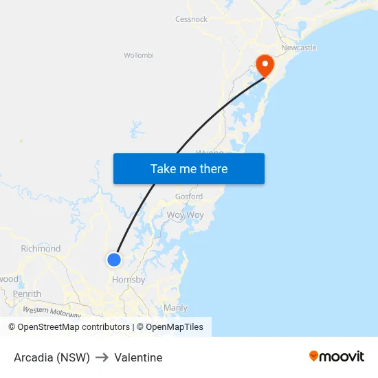 Arcadia (NSW) to Valentine map