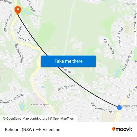 Belmont (NSW) to Valentine map