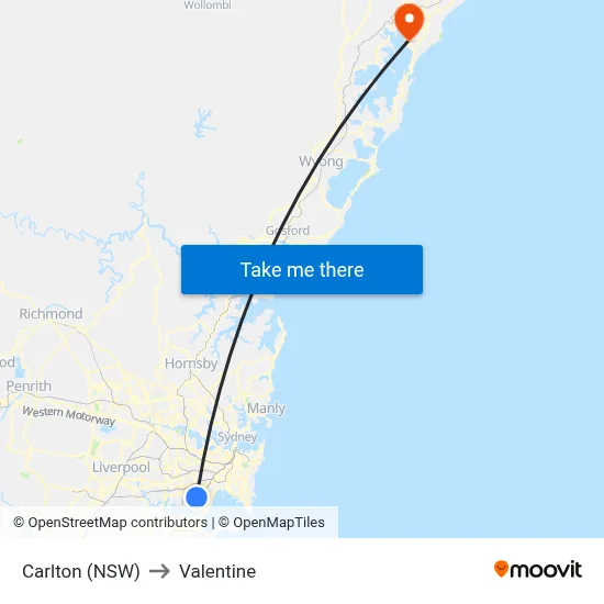 Carlton (NSW) to Valentine map