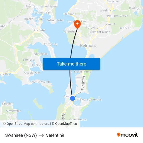 Swansea (NSW) to Valentine map