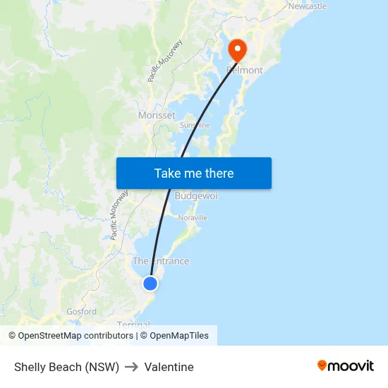 Shelly Beach (NSW) to Valentine map