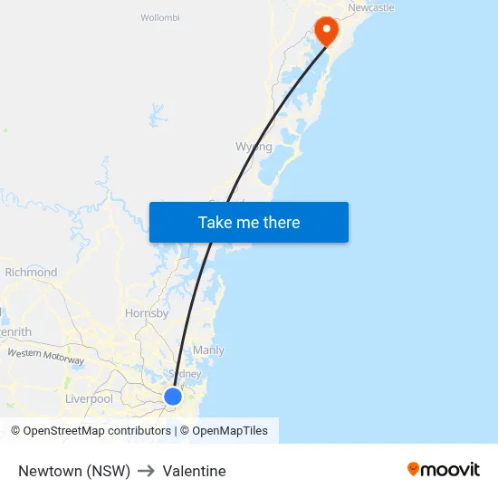 Newtown (NSW) to Valentine map