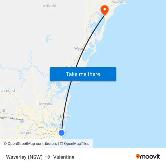 Waverley (NSW) to Valentine map