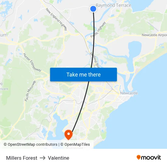 Millers Forest to Valentine map