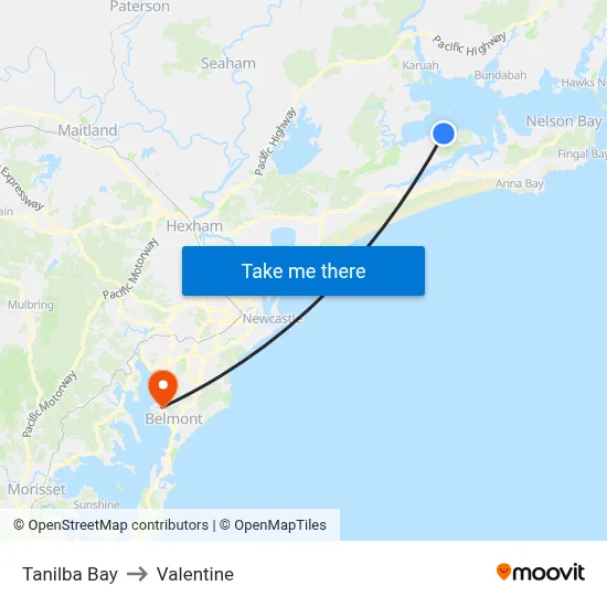 Tanilba Bay to Valentine map