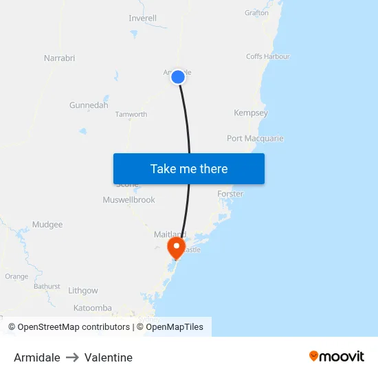 Armidale to Valentine map