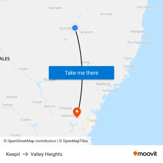 Keepit to Valley Heights map