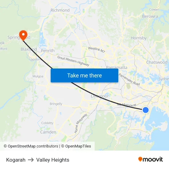 Kogarah to Valley Heights map