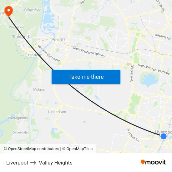 Liverpool to Valley Heights map