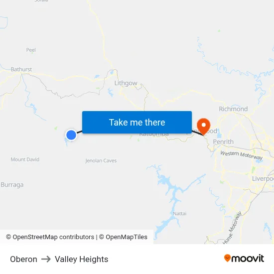 Oberon to Valley Heights map