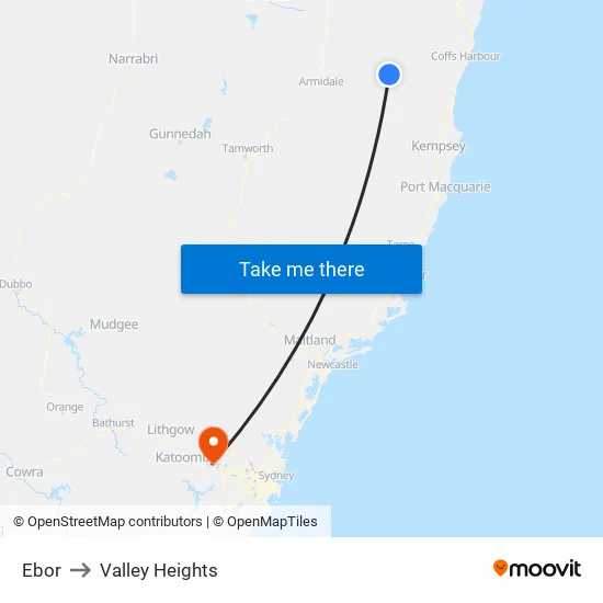 Ebor to Valley Heights map