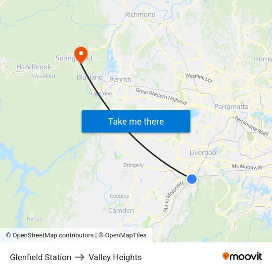 Glenfield Station to Valley Heights map