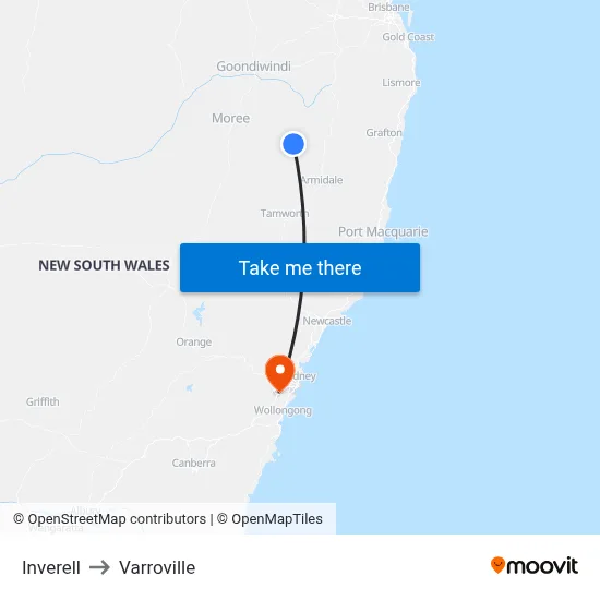 Inverell to Varroville map