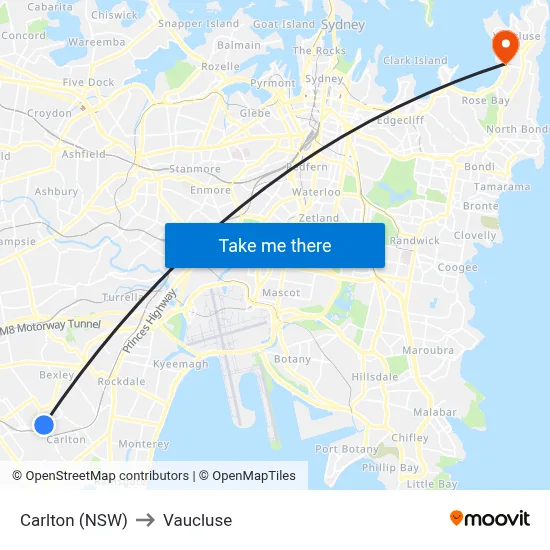 Carlton (NSW) to Vaucluse map