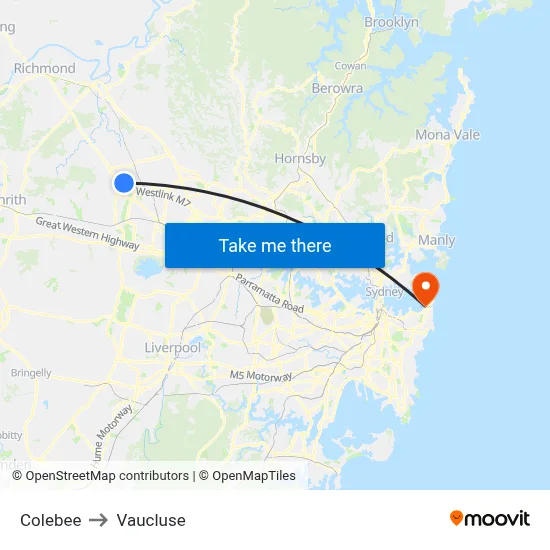 Colebee to Vaucluse map