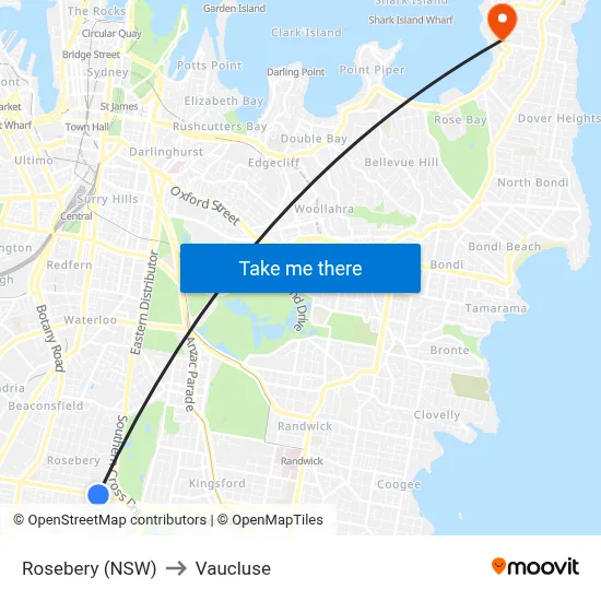 Rosebery (NSW) to Vaucluse map