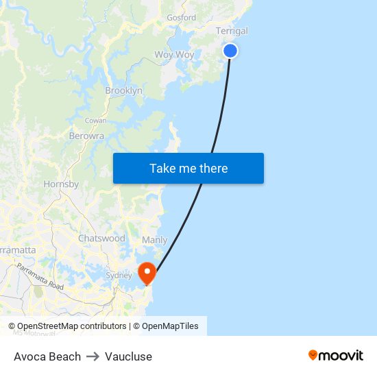 Avoca Beach to Vaucluse map