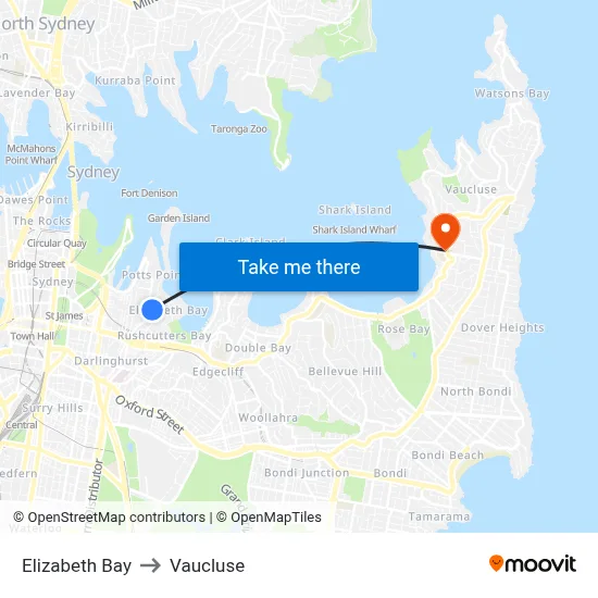 Elizabeth Bay to Vaucluse map