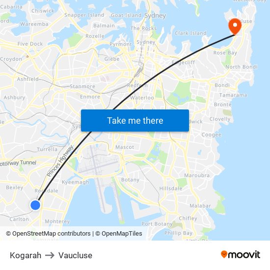 Kogarah to Vaucluse map