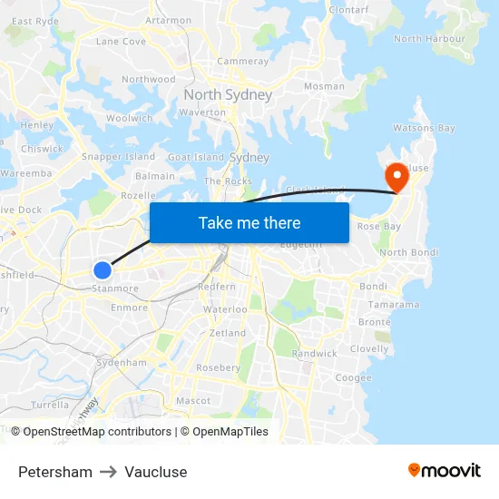 Petersham to Vaucluse map