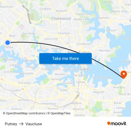 Putney to Vaucluse map