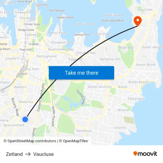 Zetland to Vaucluse map