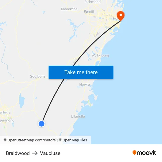 Braidwood to Vaucluse map