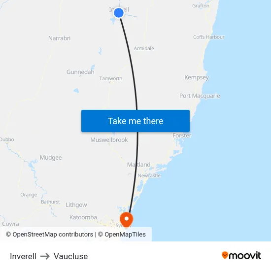 Inverell to Vaucluse map