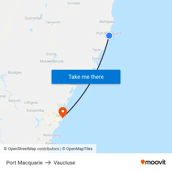 Port Macquarie to Vaucluse map