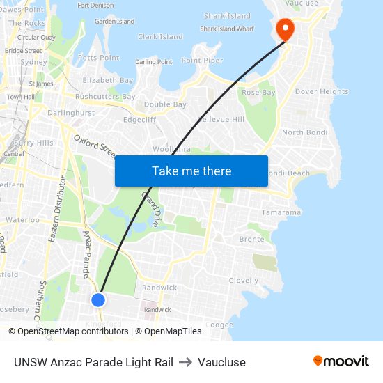 UNSW Anzac Parade Light Rail to Vaucluse map