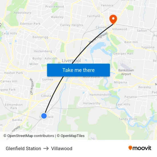 Glenfield Station to Villawood map