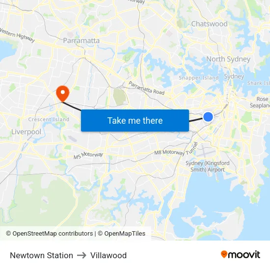 Newtown Station to Villawood map